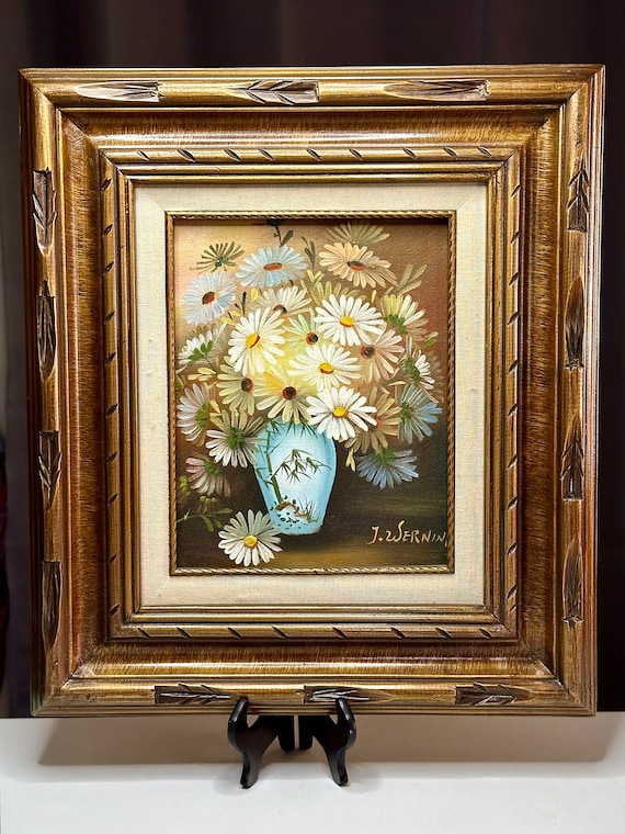 Framed Vintage Mid Century Daisies in a Vase J. Wernink Painting/MCM Painting/Vintage Painting