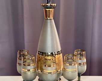 Vintage Frosted Gold and Grey Bohemian Decanter with Five Matching Short Stem Glasses/Vintage MCM Bohemian Decanter Set