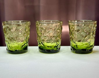 Set of Three Short Green Vintage Anchor Hocking Milano Glasses/Vintage Anchor Hocking Milano Glassware