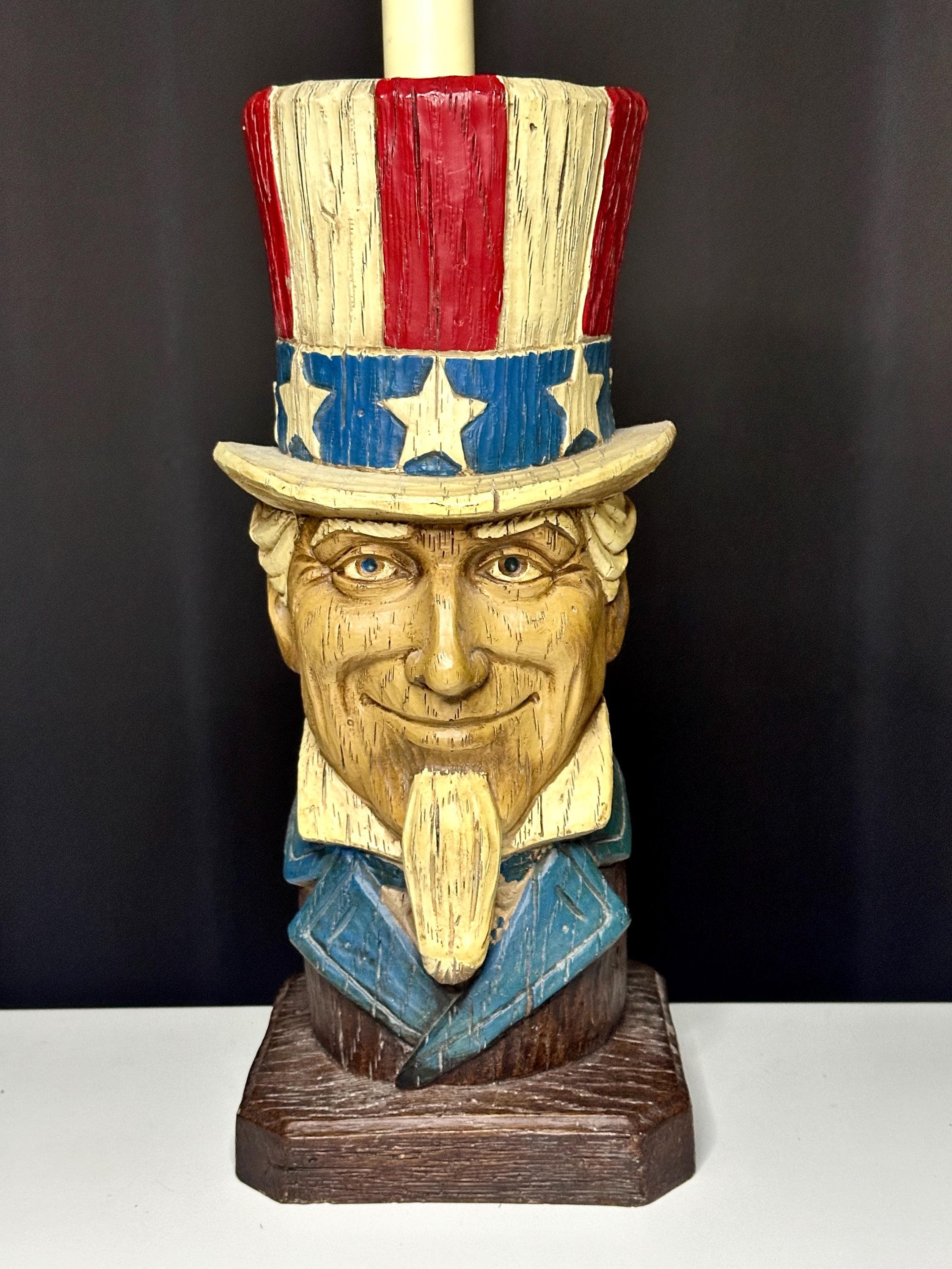 Rare Large Vintage Wooden Uncle Sam Lamp – Hand Carved Patriotic