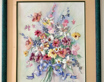 Beautiful Framed Vintage Barbara Mock Mixed Painting and Embroidery Artwork/Vintage Embroidery/Vintage Barbara Mock Flowers