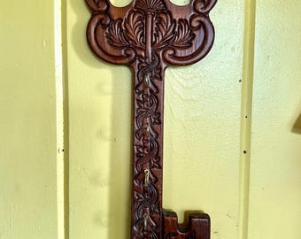 Vintage Wooden Key Shaped Key Holder | Hand-Carved Wall Hook with Ornate Detailing