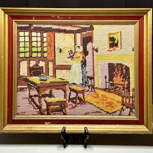 Vintage Framed Needlepoint Kitchen Scene/Vintage Needlepoint/Vintage Framed Farmhouse Needlepoint