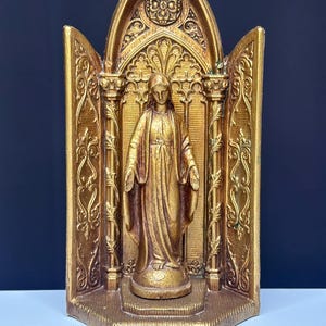 Vintage 1954 Ceramic Mary Shrine with Ornate Gothic Triptych Altar – Gold Finish-Vintage MCM Religious Items