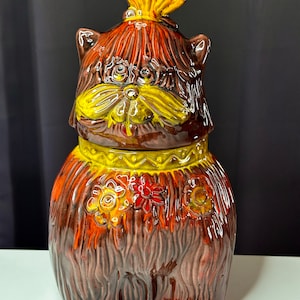Vintage 1968 Pacific Stoneware Colorful Cat with Butterfly Ceramic Cookie Jar/Vintage MCM Cookie Jar/1960’s Cat Cookie Jar