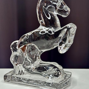 Vintage L.E. Smith Large Clear Glass Rearing Horse Figurine or Single Bookend | Mid-Century Decorative Glass Horse Statue