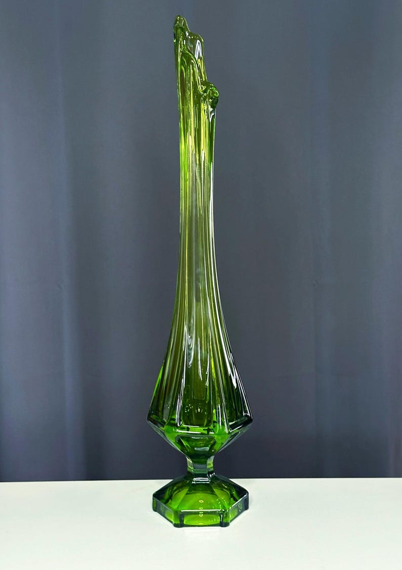 Vintage 24” Viking Glass Vase – Epic Green Swung Glass Pedestal Vase – Mid-Century Modern Elegance/Viking Swung Vase image 5