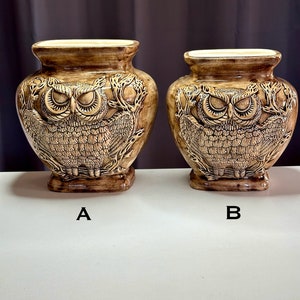 May include: Two ceramic owl planters, one labeled A and the other labeled B. Both planters are brown with a cream-colored glaze and feature a detailed owl design.