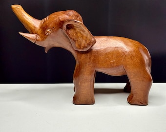 Vintage Hand-Carved Wooden Elephant Figurine | Solid Wood Animal Sculpture | Trunk Up Good Luck Elephant Decor|Elephant Lover Gifts