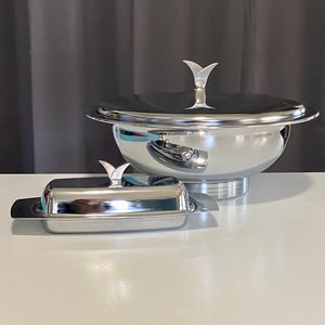 Stunning Kromex MCM Chrome Serving Bowl and Matching Kromex Butter Dish/Pyrex Clear Bowl