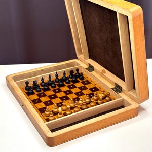 Vintage Soviet-Era Travel Chess Set – Wooden Folding Board with Pegged Pieces/Vintage Chess Set/Travelling Chess Set