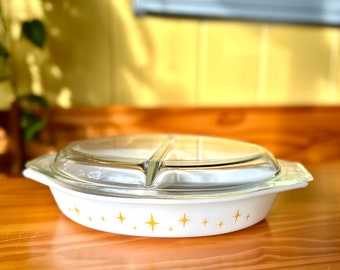 Vintage MCM 1959 Pyrex Promotional ‘Constellations’ Divided Casserole with Matching Pyrex Divided Lid/MCM Atomic Star Pyrex