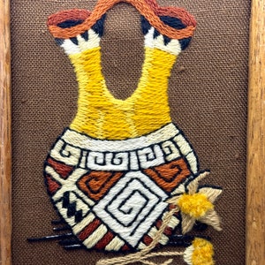 Vintage Southwestern Pottery Framed Crewel/Vintage Crewel/Vintage Southwestern Decor/Southwestern Crewel/Native American Crewel