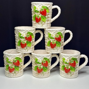 Vintage Set of Five Ceramic Strawberry Basketweave Mugs/Vintage Strawberry Decor/Strawberry Kawaii