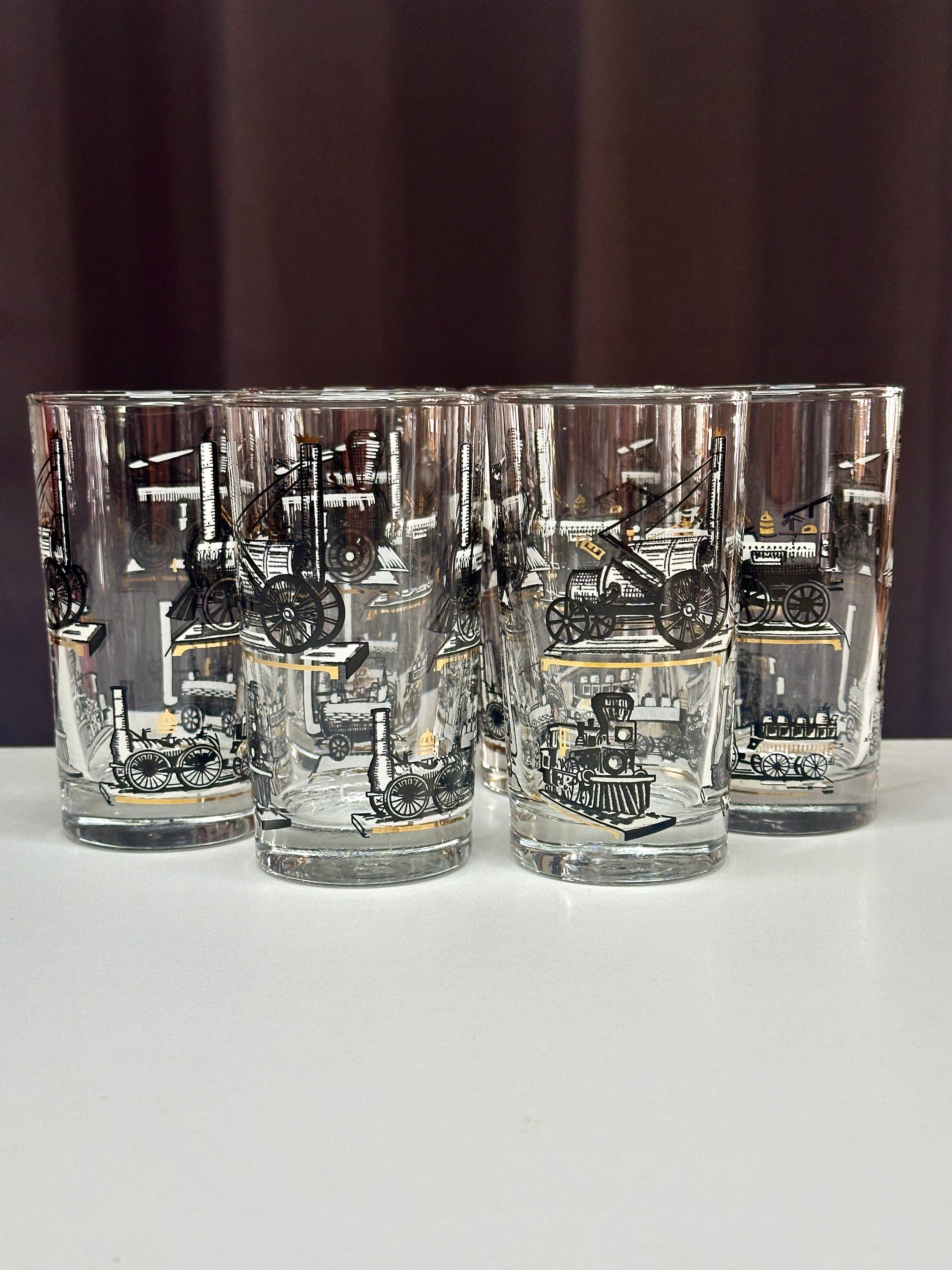 Set of Six Vintage Libbey Steam Locomotives Tall Glasses/Vintage Train Glasses/Vintage MCM Libbey Train Glasses