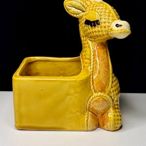May include: A yellow ceramic giraffe planter with a rectangular container. The giraffe has a textured pattern, black eyes, and a white muzzle. The planter is a decorative item for plants or small items.