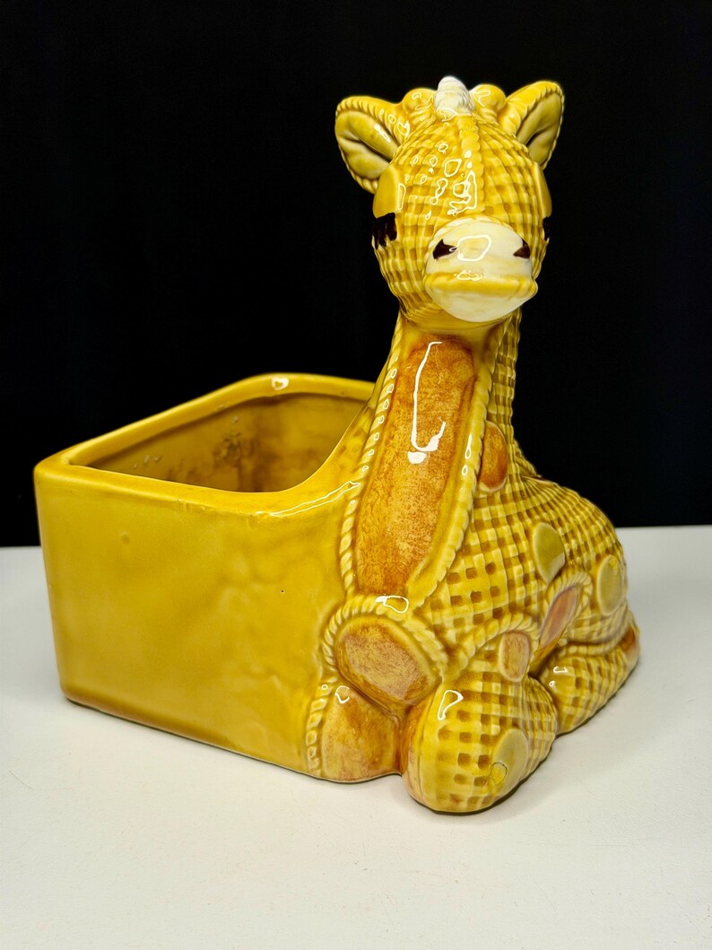 May include: A ceramic giraffe planter in shades of yellow and brown. The giraffe is in a seated position with a basket-like container attached. The giraffe has a checkered pattern and is a decorative item.