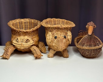Your Choice of 3 Vintage Wicker Animal Baskets – Frog, Elephant and Duck Wicker Baskets – Whimsical Handwoven Decor-Vintage Wicker Planters