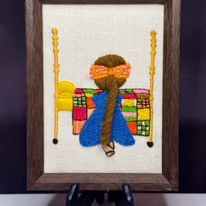 Vintage Girls Framed Crewel/Vintage Embroidery Crewel Kids Decor/Crewel 1970’s Embroidery