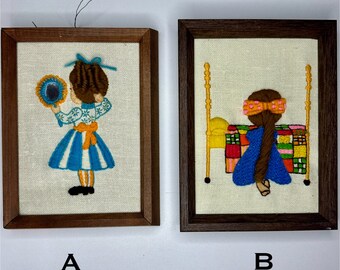 Your Choice of Two Vintage Girls Framed Crewel/Vintage Embroidery Crewel Kids Decor/Crewel 1970’s Embroidery