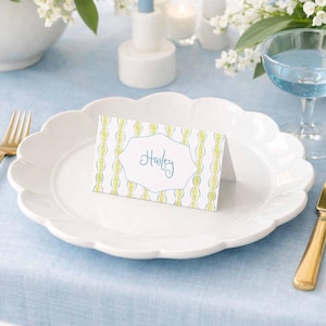 Vibrant Wavy Place Card Template, Hand Painted Modern Wedding, Chartreuse, Green and Blue Watercolor Art, Unique Fun Pattern, Wavy2