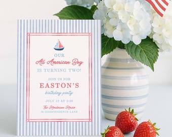 All American Boy Birthday Invitation Template, Red White Blue Striped Boy Birthday Invite, Hand Painted Watercolor Design, Patriotic Party