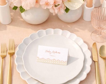 Wavy Rattan Wedding Escort Cards Template, Hand Painted Watercolor Natural Cane Pattern, Pink Accents, Peach Breeze