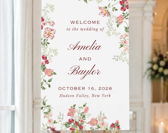 Watercolor Floral Wedding Welcome Sign, Elegant Garden Ceremony Sign, Customizable Reception Sign, Dusty Pink & Maroon Wedding, Rosewood