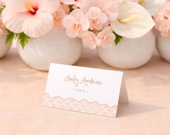 Whimsical Beach Wedding Escort Cards Template, Scalloped Seashell Watercolor Art, Hand Painted Peach and Pink Coastal Design, Peach Breeze