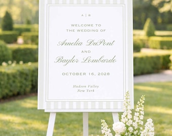 Green Striped Wedding Welcome Sign Template, Customizable Ceremony & Reception Sign for Weddings, Sizes 24x30 and 24x36 inches, Pinehurst
