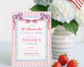 All American Girl Birthday Invitation Template, Red White Blue Girls Birthday Invite, Watercolor Scalloped Design, Patriotic Coquette Party