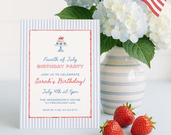 Fourth of July Birthday Invitation Template, Coastal Red White & Blue Preppy Watercolor, Summer Party Invite for Adult Birthdays, Americana