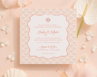 Whimsical Beach Rehearsal Dinner Template, Scalloped Seashell Watercolor Art, Hand Painted Peach and Pink Destination Wedding, Peach Breeze