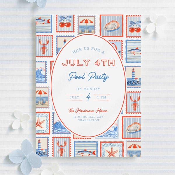 July 4th Pool Party Invitation Template | Red, White & Blue | Watercolor Vintage Postage Stamps | Fun Independence Day Celebration Invite