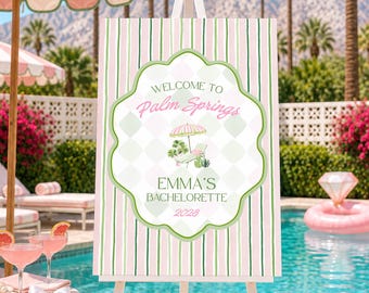 Palm Springs Bachelorette Welcome Sign, Pink & Green Watercolor Design, Bachelorette Party Decor, Entrance Sign, Cali Bach Photo Backdrop