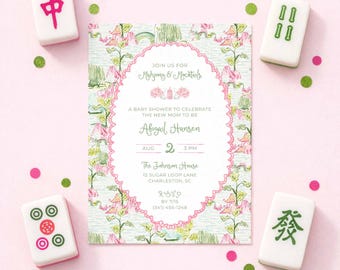 Mahjong Themed Baby Shower Invitation Template, Watercolor Toile Pattern, Canva Digital Invite, Mahjong Shower, Elegant Hand Painted Design