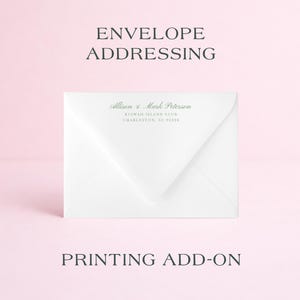 May include: A white envelope with the text "Allison & Mark Peterson" and address details in green. The words "ENVELOPE ADDRESSING" and "PRINTING ADD-ON" are also displayed on a pink background.