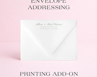 May include: A white envelope with the text "Allison & Mark Peterson" and address details in green. The words "ENVELOPE ADDRESSING" and "PRINTING ADD-ON" are also displayed on a pink background.