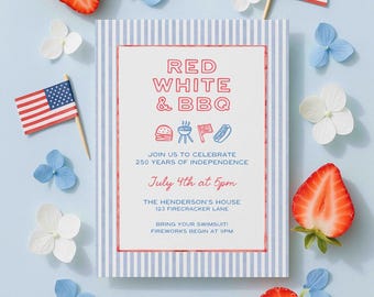 Red, White & BBQ 4th of July Cookout Invitation Template | Stripes or Gingham | Hand Drawn Summer BBQ Icons | Fourth of July Digital Invite