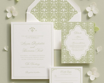 Elegant Wedding Invitation Suite Template, Hand Drawn Grandmillennial Floral Invite Design, Customizable Colors, Wedding Stationery, Fleur