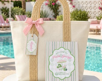 Palm Springs Bachelorette Welcome Itinerary and Personalized Welcome Bag Tags, Bach Welcome Kit, Pink and Green Editable Canva Templates