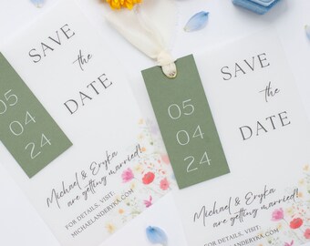 Vellum Save the Date with Watercolor Wildflowers and Ribbon - Custom Save the Dates