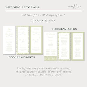 a collection of wedding programs, including program backs and program fronts, with design options and information on ceremony order of events and wedding party details.