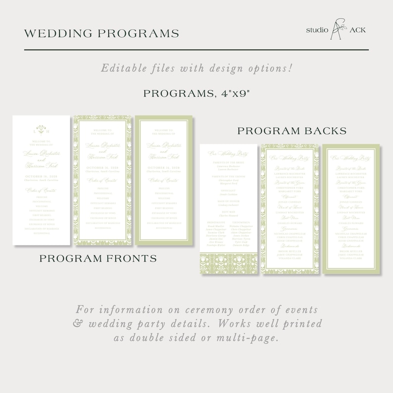 a collection of wedding programs, including program backs and program fronts, with design options and information on ceremony order of events and wedding party details.
