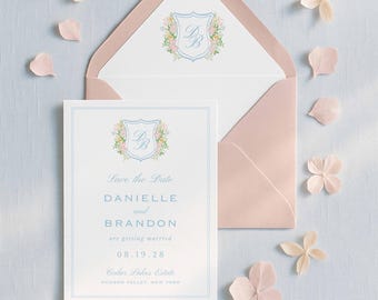 Blooming Crest Save the Date Template, Watercolor Floral Wedding Announcement, Colorful Garden Wedding, Editable Summer Spring Wedding Card