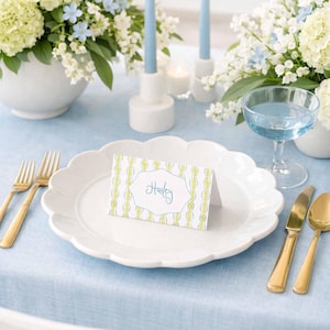 Vibrant Wavy Place Card Template, Hand Painted Modern Wedding, Chartreuse, Green and Blue Watercolor Art, Unique Fun Pattern, Waverly