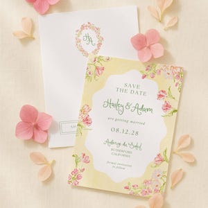 Whimsical Garden Save the Date Template, Watercolor Yellow, Peach, Pink and White Accents with Hand Painted Floral Wedding Monogram, Soleil