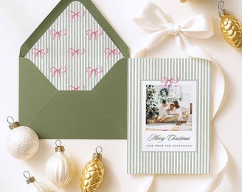 Watercolor Bow Christmas Card Template, Green Striped Polaroid Holiday Photo Card, Editable Canva Template, Modern Classic Christmas Card