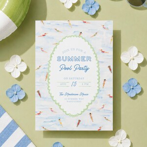 Summer Pool Party Invitation Template, Fun Hand Painted Watercolor Swim Party Invite, Summer Celebration, Poolside Event image 1