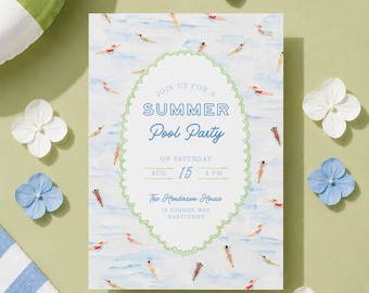 Summer Pool Party Invitation Template, Fun Hand Painted Watercolor Swim Party Invite, Summer Celebration, Poolside Event
